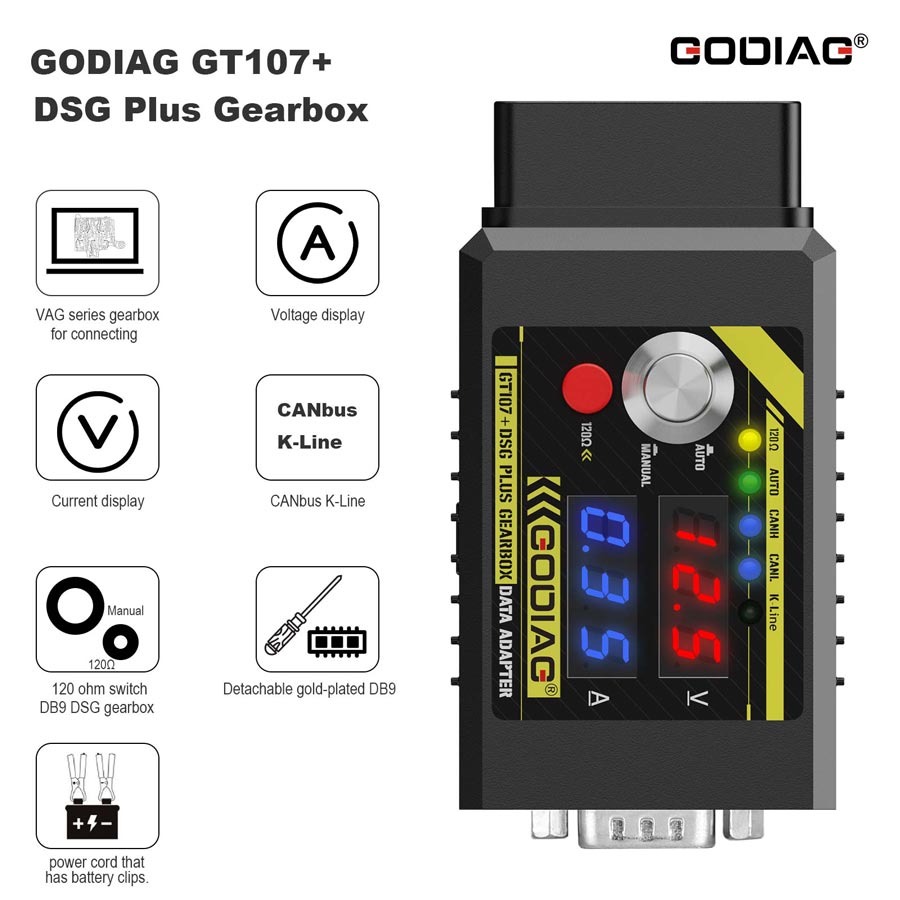 Adaptador de dados da caixa de velocidades GODIAG GT107+ DSG Plus com display de corrente de tensão