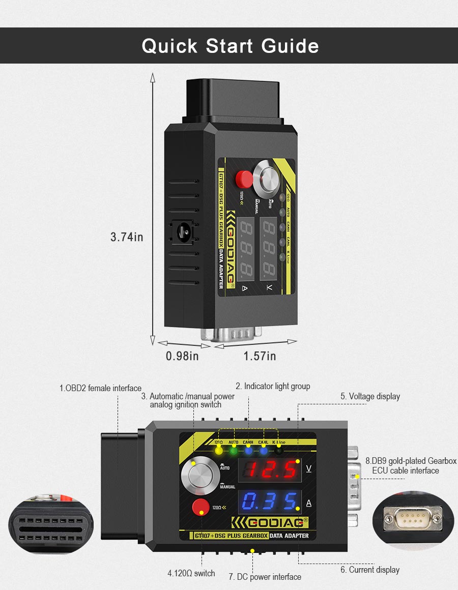 Adaptador de dados da caixa de velocidades GODIAG GT107+ DSG Plus com display de corrente de tensão