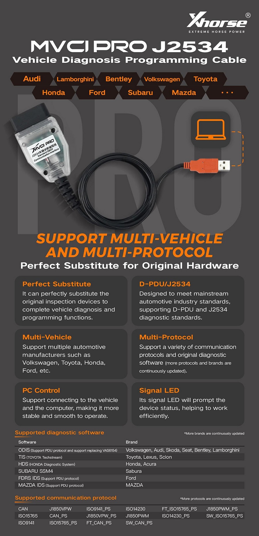 Câble de programmation de diagnostic de véhicule de xhorse mvci pro j2534