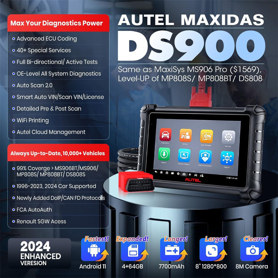 AUTEL MaxiDAS DS900 Diagnose Scan Unterstützung ECU Coding Pre-Post Scan VIN DoIP CAN FD Protokoll WIFI Druck Upgraded Ver DS808 DS808K