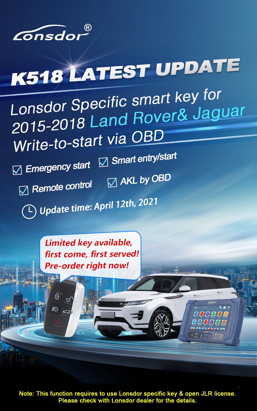 لونسدور JLR الترخيص 2015-2018 الأرض روفر جاغوار بدء التشغيل عن طريق OBD الكتابة