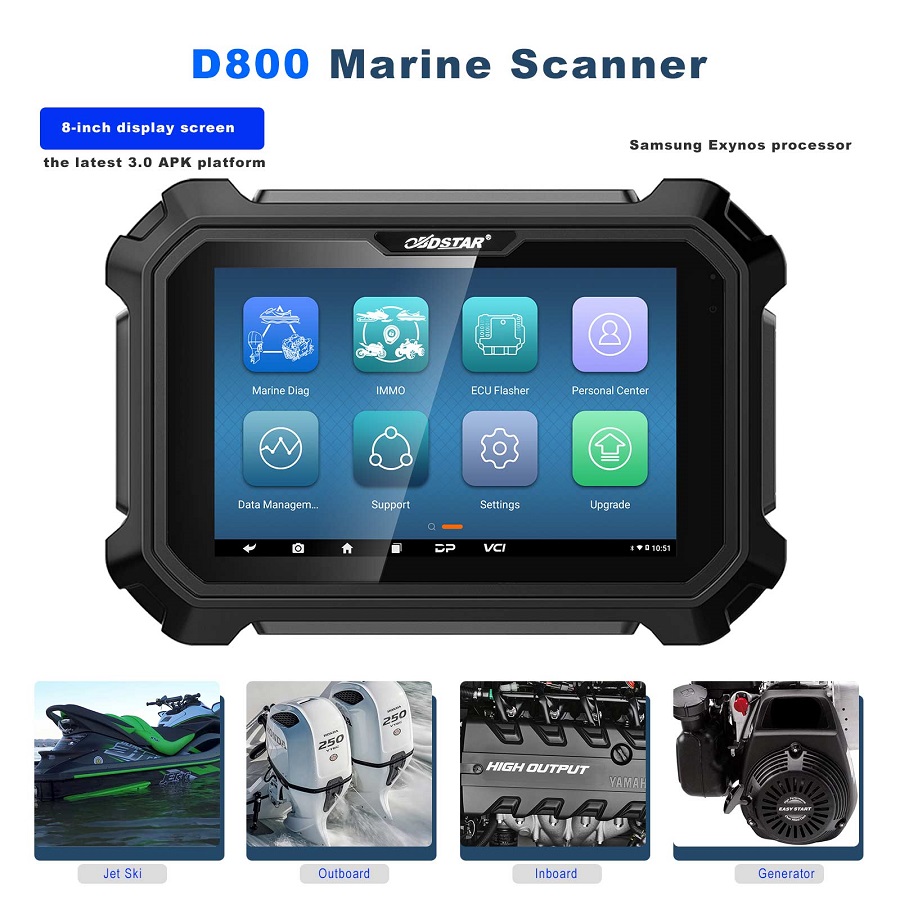 El obdstar D800 B está equipado con un escáner de diagnóstico inteligente para buques (trineo a reacción / fuera de borda)