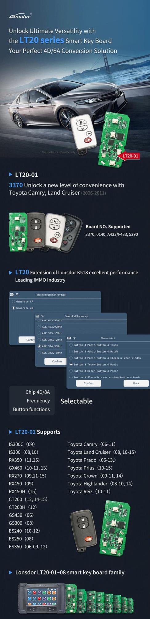 Lonsdor LT20-01J0 8A + 4D Universal สมาร์ทรีโมทคอนโทรล PCB 40/80 บิตสำหรับโตโยต้าเล็กซัส 4 ปุ่ม 433/315 MHz สำหรับ K518 / KH100 + ซีรี่ส์