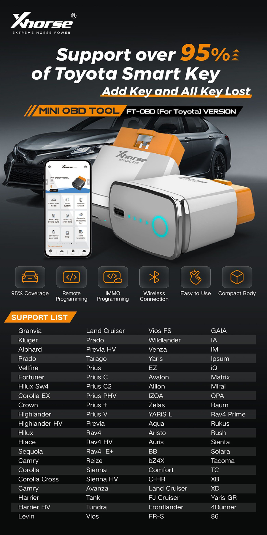 Xhorse MINI OBD TOOL FT-OBD für Toyota Smart Key Support Hinzufügen Schlüssel und alle Schlüssel verloren