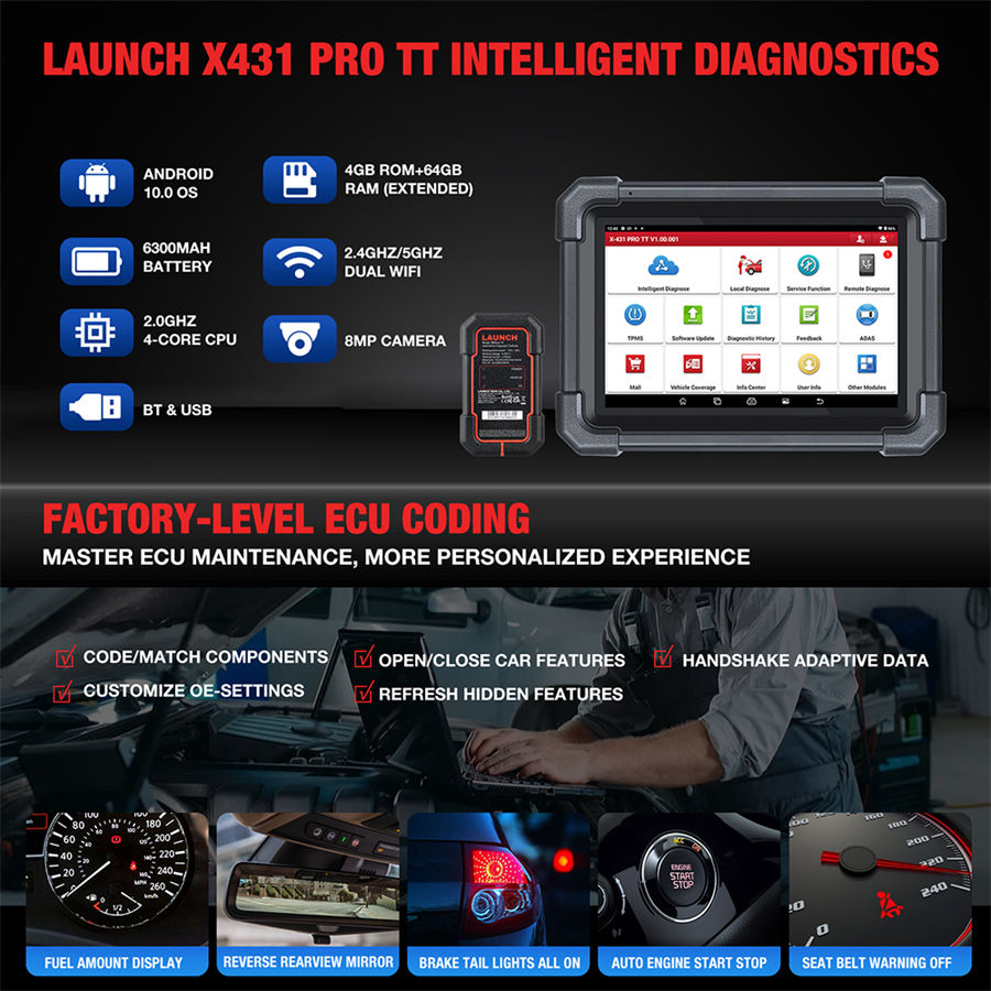 DBSCar VII 커넥터 37+ 재설정 ECU 온라인 코딩 CANFD 키 IMMO가 있는 LAUNCH X431 PRO TT 양방향 문제 해결기