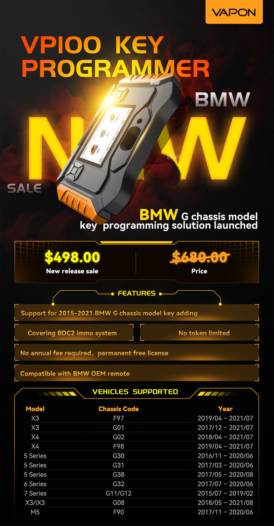 VAPON VP100 Key Programmer BMW Support 2015-2021 BMW G Chassis Model Key Añadir sin tarifa anual No se necesita token